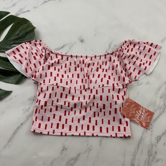 Kortni Jeane Womens Ruffle Around Tankini Top Size S New Pink Red Geometric Swim - Picture 1 of 8